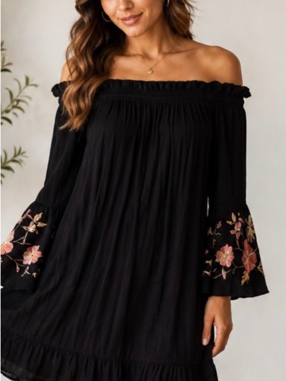 Off-Shoulder Black Embroidered Dress